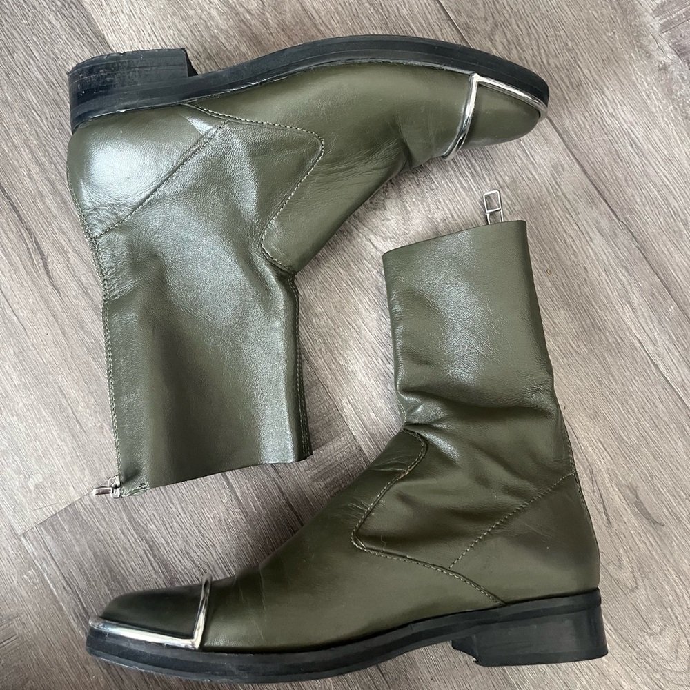 Topshop Olive Green Leather Ankle Boots with Silver Trim - Picture 2 of 6